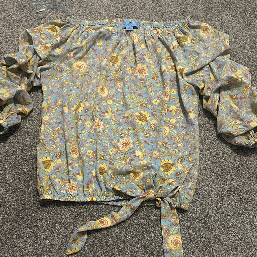 CeCe Floral Off-Shoulder Blouse - Blue and Yellow